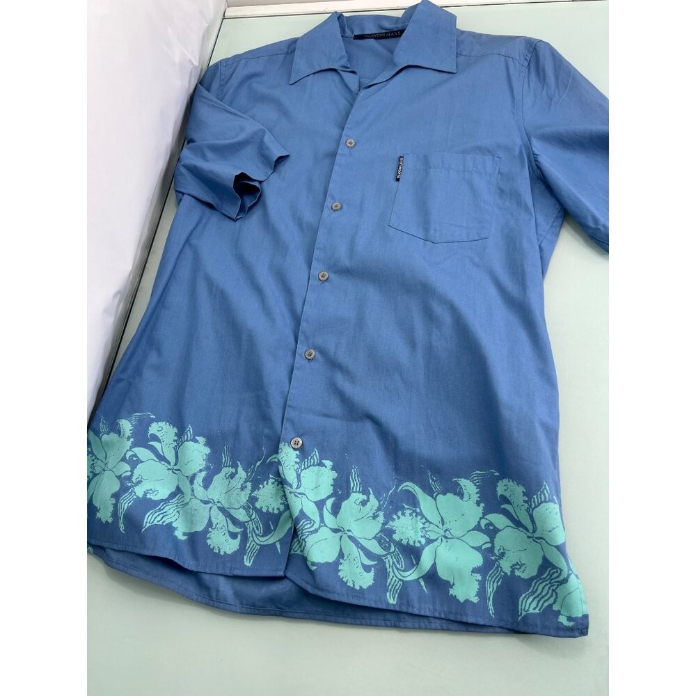 Valentino Jeans Hawaiian Shirt Mens Size 48 Medium M Blue Hibiscus 100% Cotton - Picture 1 of 9